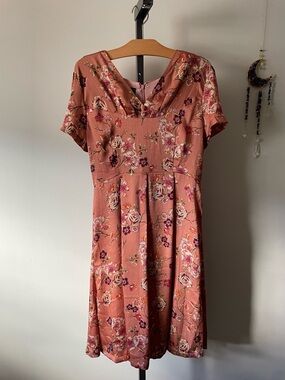 Elise Design Vintage Inspired Floral Tea Dress Midi Cottagecore Terracotta